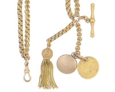 Lot 1076 - A Victorian 18k half-hunter fob pocket watch and a 15k gold fancy Albert watch chain with a half sovereign fob.