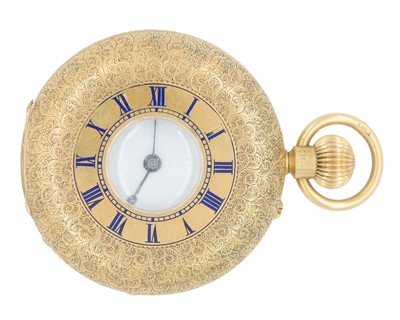 Lot 1076 - A Victorian 18k half-hunter fob pocket watch and a 15k gold fancy Albert watch chain with a half sovereign fob.