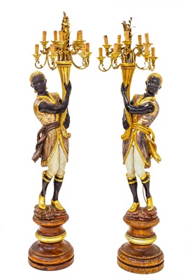 Lot 861 - A substantial pair of Venetian style blackamoor floor lamps.