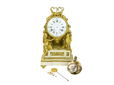 Lot 783 - A French ormolu and marble mantel clock.