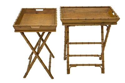 Lot 946 - A pair of simulated bamboo and rattan butler's trays and folding stands.