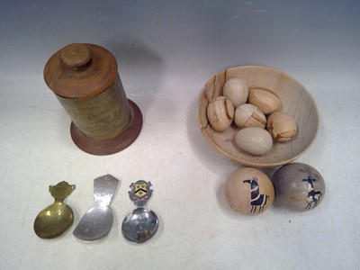 Lot 90 - Carved and Etched Stone Eggs and Bowl, Brass...
