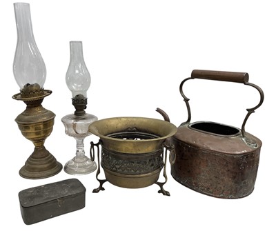 Lot 92 - Two oil lamps, a pewter box, a jardiniere, and...