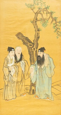 Lot 409 - A Chinese watercolour of three scholars beneath a tree.
