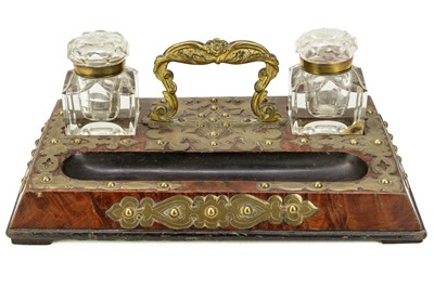 Lot 286 - A Victorian burr walnut and brass mounted desk stand.