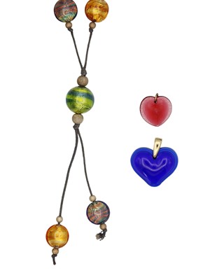 Lot 88 - LALIQUE Telline red glass heart pendant, a blue glass heart pendant, and a ANTICA MURRINA necklace.