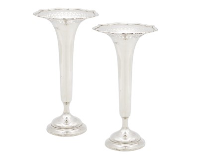 Lot 187 - A George V silver pair of weighted posy vases by Horace Woodward & Co Ltd.