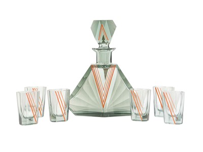 Lot 703 - An Art Deco glass decanter and stopper, and six shot glasses.
