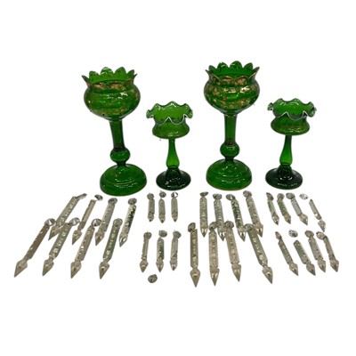 Lot 182 - Two pairs of Green glass Lustres. One pair is...