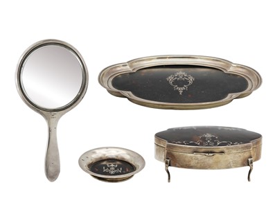 Lot 167 - A George V silver tortoiseshell pique ware matched four-piece dressing table set by Mappin & Webb.