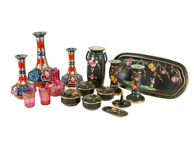 Lot 48 - A Victorian ironstone vase of hexagonal form, together with a pair of matching smaller vases.