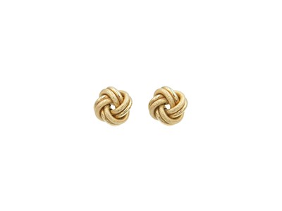 Lot 86 - A pair of 9k gold knot design stud earrings.
