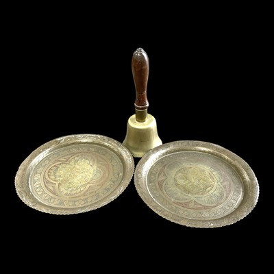 Lot 47 - A vintage school bell, 25cm tall and two brass...