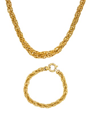 Lot 117 - An 18k gold fancy rope necklace and a matching bracelet set.