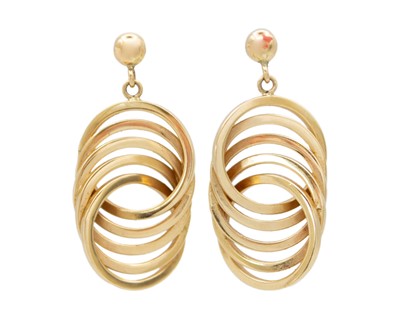 Lot 149 - A pair of gold (tests 9k) stud pendant earrings.