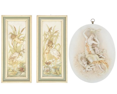 Lot 637 - A pair of continental porcelain plaques of a winged cherub and a stork.