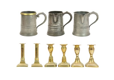 Lot 112 - 19th century pewter and brass, including a quart pouring jug.
