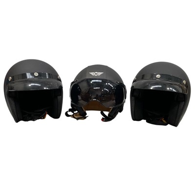 Lot 104 - Three Motorcycle Half-Face Helmets. No obvious...