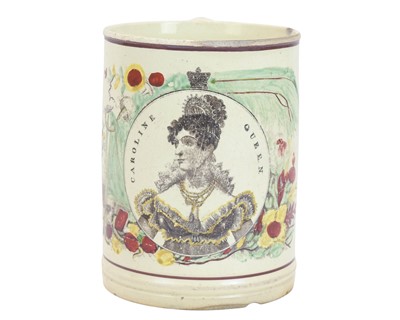 Lot 565 - A Queen Caroline creamware commemorative mug.