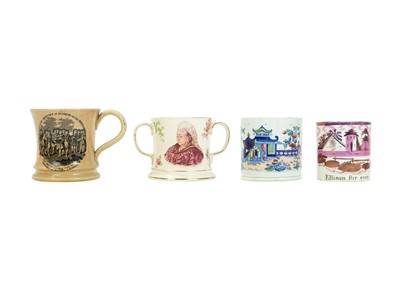 Lot 552 - A 19th century pink lustre creamware mug, inscribed 'Ellison For Ever'.