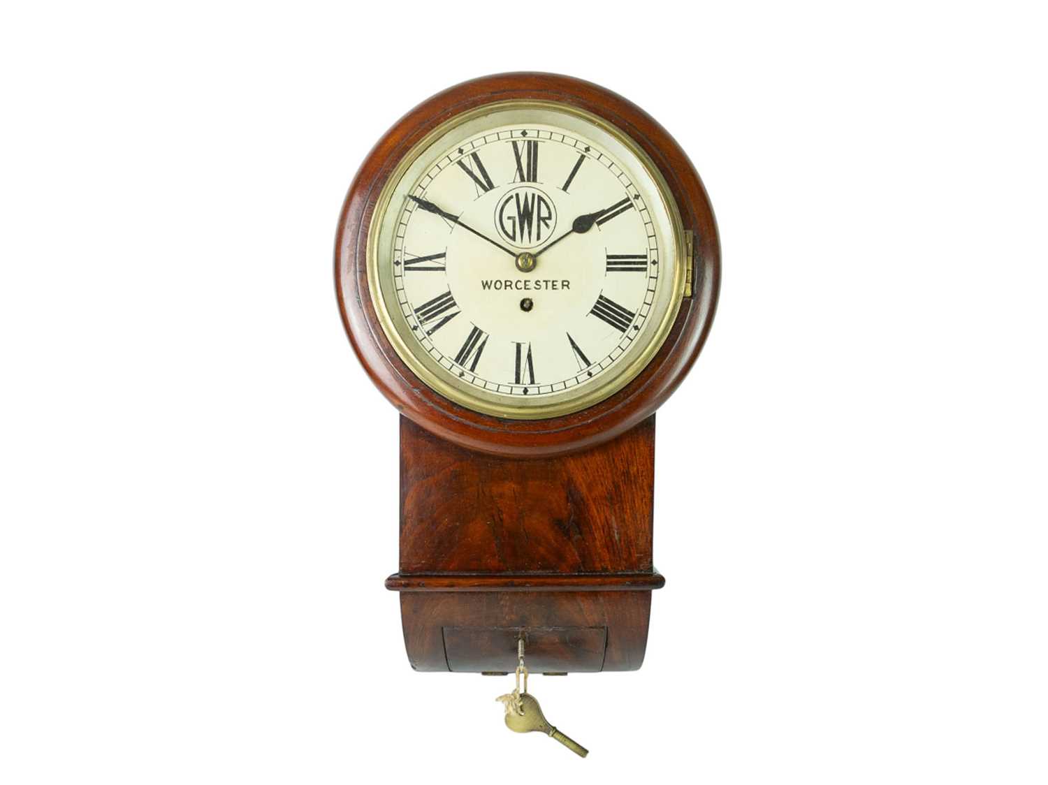 Lot 781 - A GWR Worcester 8 inch mahogany drop dial wall clock.