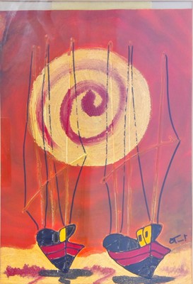 Lot 140 - An abstract textured mixed media boat scene,...