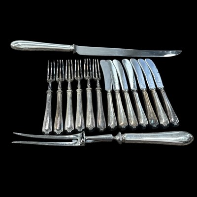 Lot 111 - A part set of silver-plated pastry knives and...