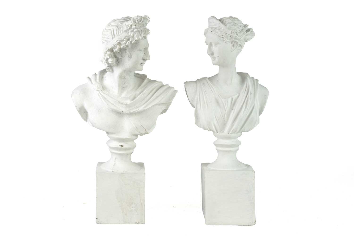 Lot 23 - A pair of plaster bust sculptures of Apollo and Diana, after the Antique.