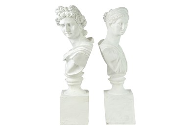 Lot 23 - A pair of plaster bust sculptures of Apollo and Diana, after the Antique.
