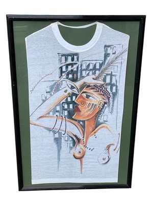 Lot 171 - A hand-painted framed T-shirt. Artist unknown....