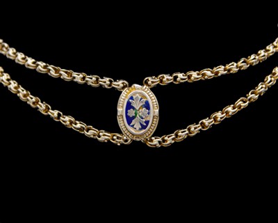 Lot 212 - A Victorian silver Byzantine longuard chain with an enamelled silver slide.