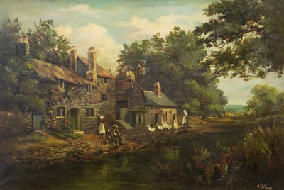 Lot 218 - Stone Cottage View with Geese and Fisherman