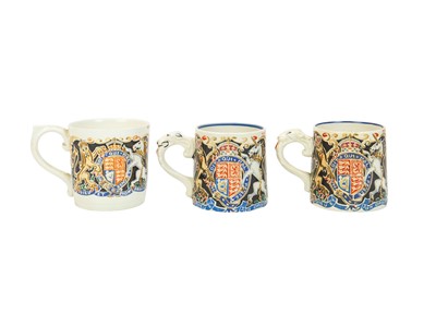 Lot 522 - Three coronation mugs designed by Laura Knight.