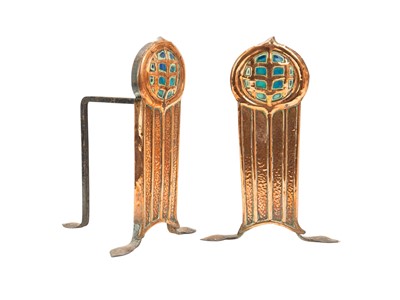 Lot 179 - A pair of Arts and Crafts copper and painted steel fire dogs.