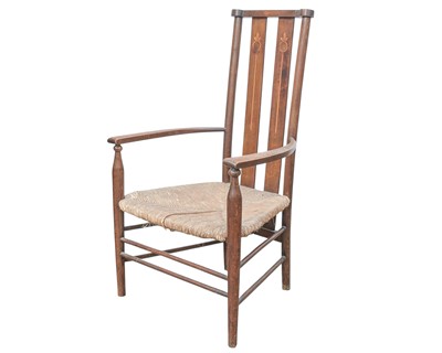 Lot 955 - An Arts and Crafts walnut, beech and inlaid occasional chair.