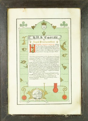 Lot 30 - An HMS Emerald framed proclamation.