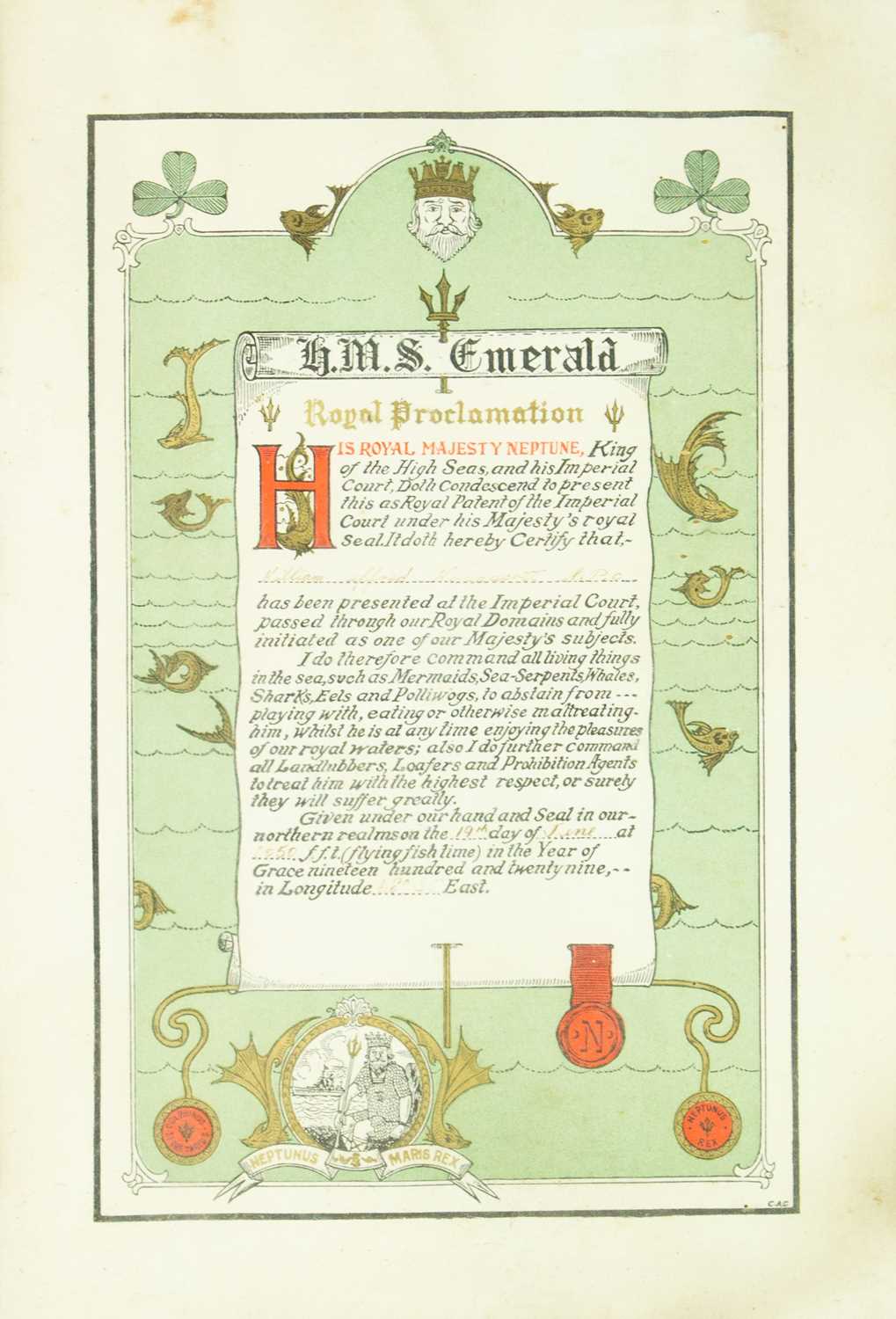Lot 30 - An HMS Emerald framed proclamation.
