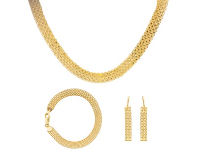 Lot 155 - An 18k gold fancy box link necklace, bracelet, and a pair of earrings set, boxed.