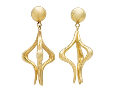 Lot 158 - A pair of 14k gold pendant stud earrings.