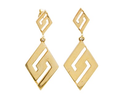 Lot 160 - A pair of 14k gold geometric pendant earrings.