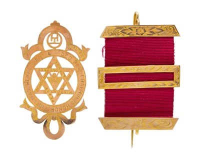 Lot 20 - A 9k rose gold Masonic jewel and ribbon with 9k rose gold mounts by G. Kenning & Sons Ltd.