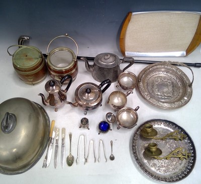 Lot 133 - Box of assorted silver plate, plus walking stick.