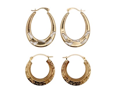 Lot 111 - Two pairs of 9k gold hoop earrings.