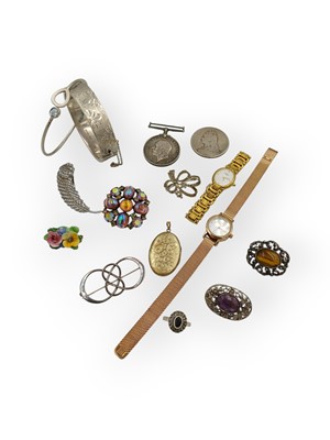 Lot 25 - A selection of silver and costume jewellery with two ladies' wrist watches, a coin, and a medal.