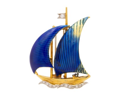 Lot 173 - A gold and blue guilloche enamel diamond set sailing boat brooch.