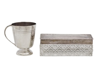 Lot 173 - A modern silver pedestal christening mug and a silver lidded cut glass trinket box.