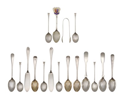 Lot 190 - A collection of silver coffee and teaspoons, pair of sugar tongs and a pair of butter knives.