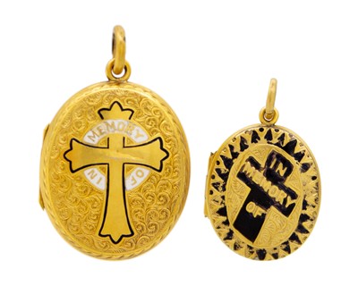 Lot 179 - Two Victorian gold and enamel 'IN MEMORY OF' mourning locket pendants.