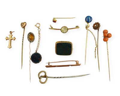 Lot 10 - A selection of low-purity gold pins and brooches, and a cross pendant.