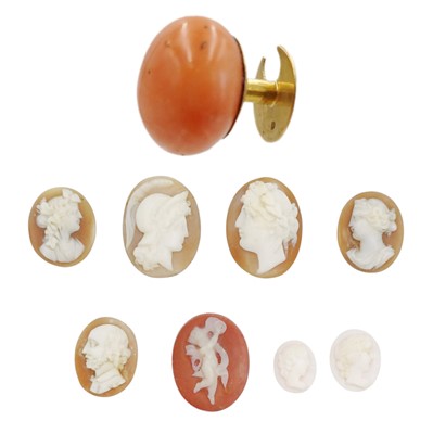 Lot 188 - A 15k gold red coral button with eight loose cameos.